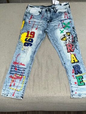 Rue21 Light Wash Slim Jeans with Multicolor Graffiti Accents